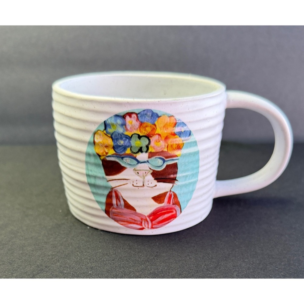 West Elm Dapper Animal Cat Mug White Speckled Ribbed Stoneware Coffee Tea Cup OS